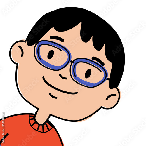 Little boy child in blue glasses peeking. Cute kid smiling mascot for education and fun.