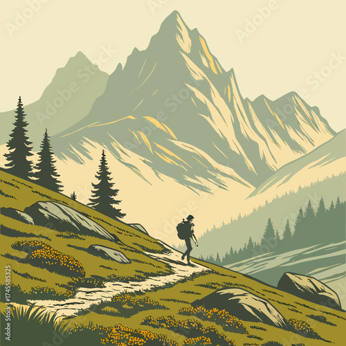 Vector art of hiker on mountain trail scenery