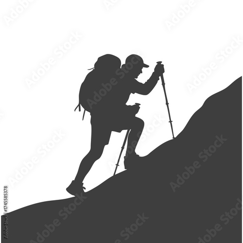 Silhouette of a hiker with a backpack and trekking poles climbing a steep mountain slope silhouette