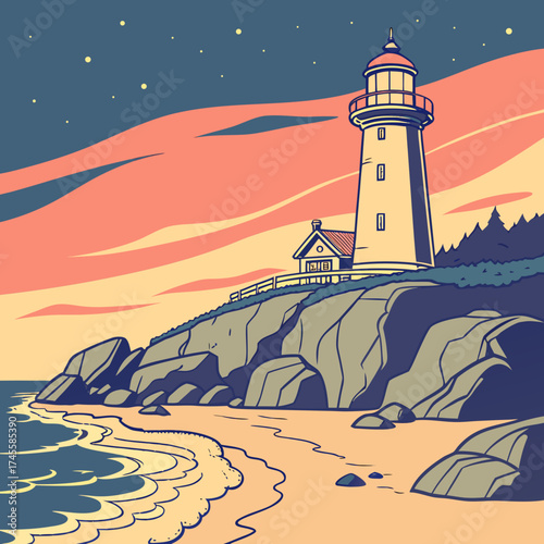 Vector art of lighthouse on cliff at night