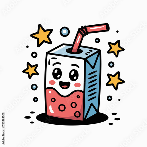 Vector art of cute cartoon juice box character with a happy face and a straw, surrounded by stars and bubbles