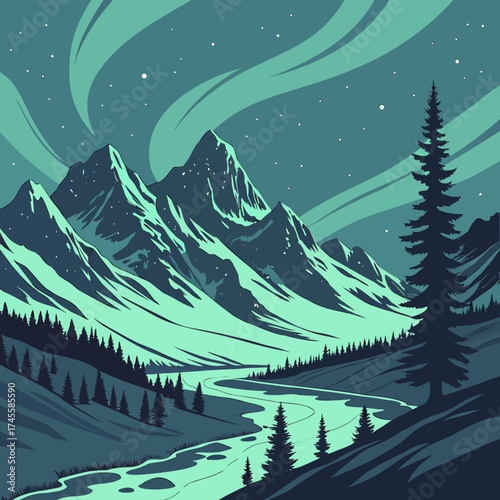 Vector art of mountain landscape with aurora view