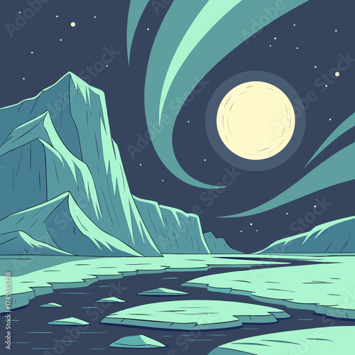 Vector art of northern lights over the ice