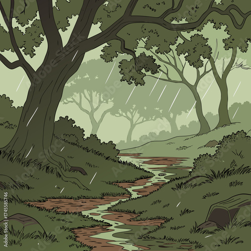 Vector art of rainy day in the forest