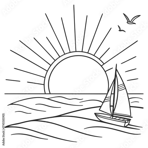 Vector art of sailing boat at sunset time