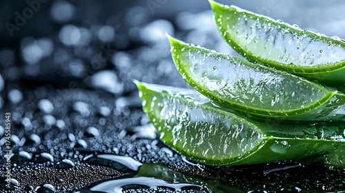 Fresh aloe vera plant leaves with water drops on dark background, natural organic skincare ingredient for cosmetics and wellness products.