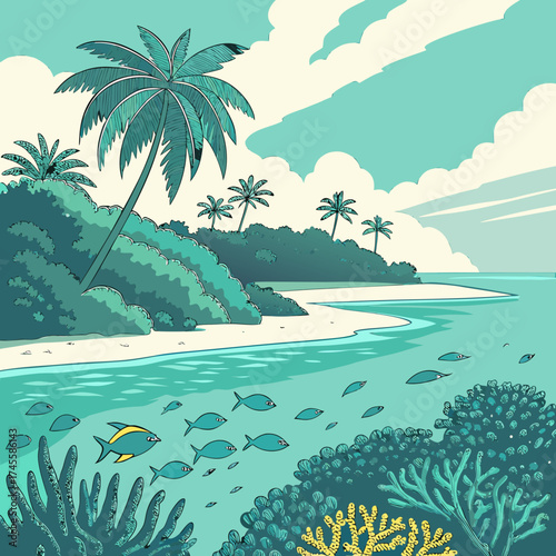 Vector art of tropical island with coral reef