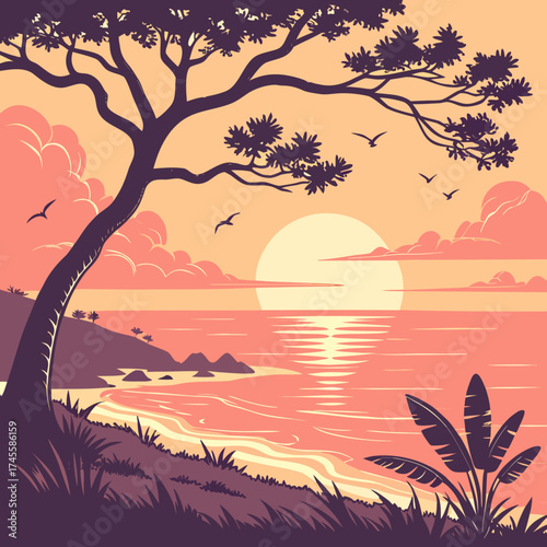 Vector art of tropical beach at sunset scene