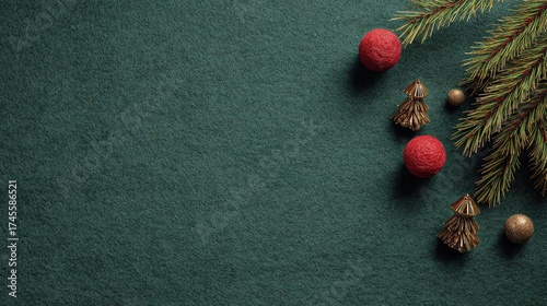 A green carpet with a Christmas tree and red balls on it