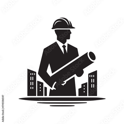 construction foreman with blueprint vector silhouette clip art logo design illustration