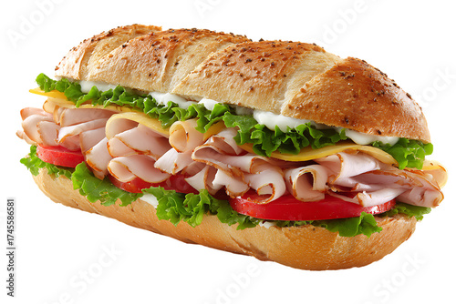 Delicious submarine sandwich with layers of ham, lettuce, tomatoes, and cheese on a sesame seed bun