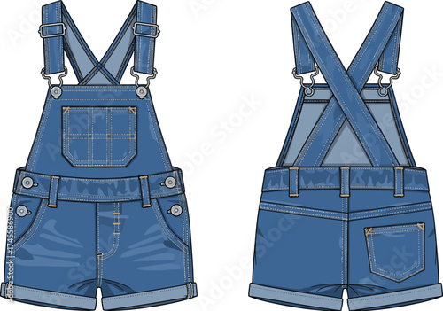 Technical fashion illustration of denim short overalls front and back view with bib pocket, rolled hem, zipper pocket, adjustable straps, garment design