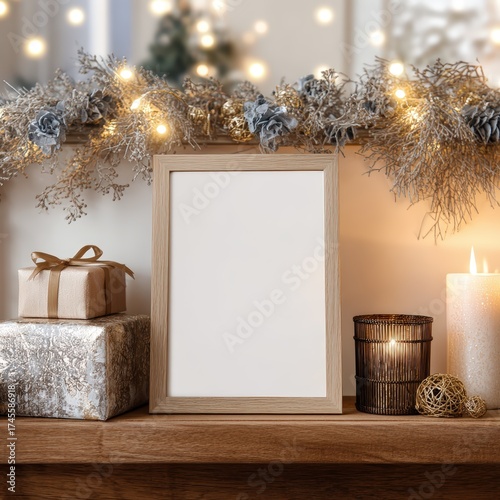 A white frame sits on a shelf next to a Christmas tree