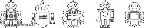 Retro robot icon set in line style vector Group and collection of vintage androids, droids, bots, cyborgs, mechanical machines and humanoid robots.