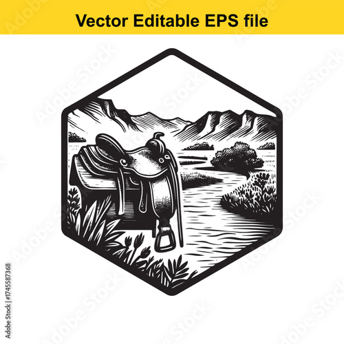 Vector art of a western saddle rests on a post with a river and hills behind