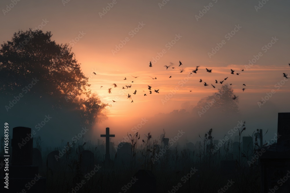 Obraz premium Graveyard bathed in golden sunlight at sunrise with birds in flight