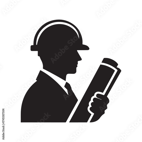 construction foreman with blueprint vector silhouette clip art logo design illustration