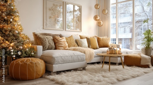 A living room with a white couch and a brown ottoman