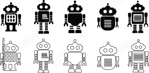 Retro robot black icon set in flat and line style vector Group and collection of vintage androids, droids, bots, cyborgs, mechanical machines and humanoid robots.