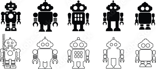Retro robot black icon set in flat and line style vector Group and collection of vintage androids, droids, bots, cyborgs, mechanical machines and humanoid robots.