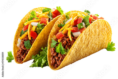 Two crispy beef tacos filled with fresh vegetables and cheese, traditional Mexican cuisine on white background