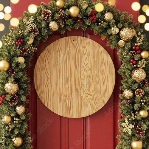 Festive christmas wreath with golden ornaments and bokeh lights on red door