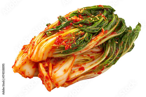 Traditional fermented Korean kimchi with cabbage, chili flakes, and seasonings, isolated on white background