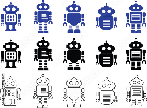 Retro robot black and blue icon set in flat and line style vector Group and collection of vintage androids, droids, bots, cyborgs, mechanical machines and humanoid robots.