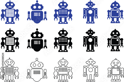 Retro robot black and blue icon set in flat and line style vector Group and collection of vintage androids, droids, bots, cyborgs, mechanical machines and humanoid robots.
