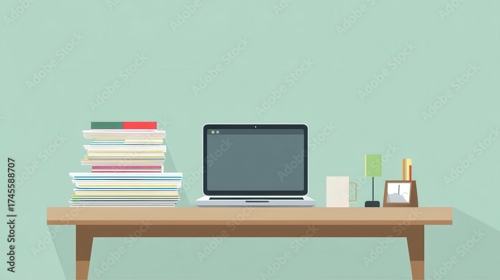 Fototapeta premium Desk scene with documents and laptop representing shared plan and learning update 