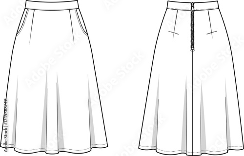 Technical fashion illustration of women’s flared skirt front and back view with panels, side pockets, zipper closure, topstitching, garment design