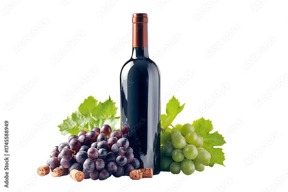 Obraz premium Red wine bottle surrounded by fresh green and purple grapes with vine leaves on white background