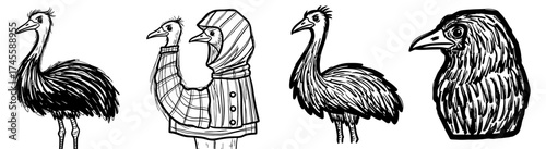 Humorous Cartoon Emus Depicting Social Commentary and Human-Like Situations, Isolated on White Background in Ink Drawing Style, Illustrating Family Dynamics, Fashion and Character Portrayals for Humor