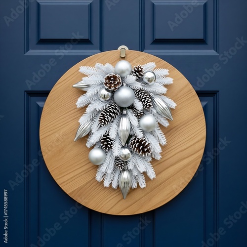 Rustic wooden circle with frosted christmas wreath decoration