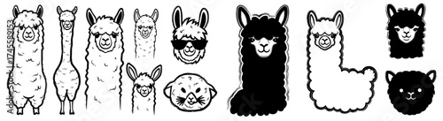 Playful Llama and Alpaca Illustrations in Graphic Style for Children's Designs, Featuring Cute Cartoon Animals in Various Poses and Expressions for Educational Materials and Creative Projects, Ideal f
