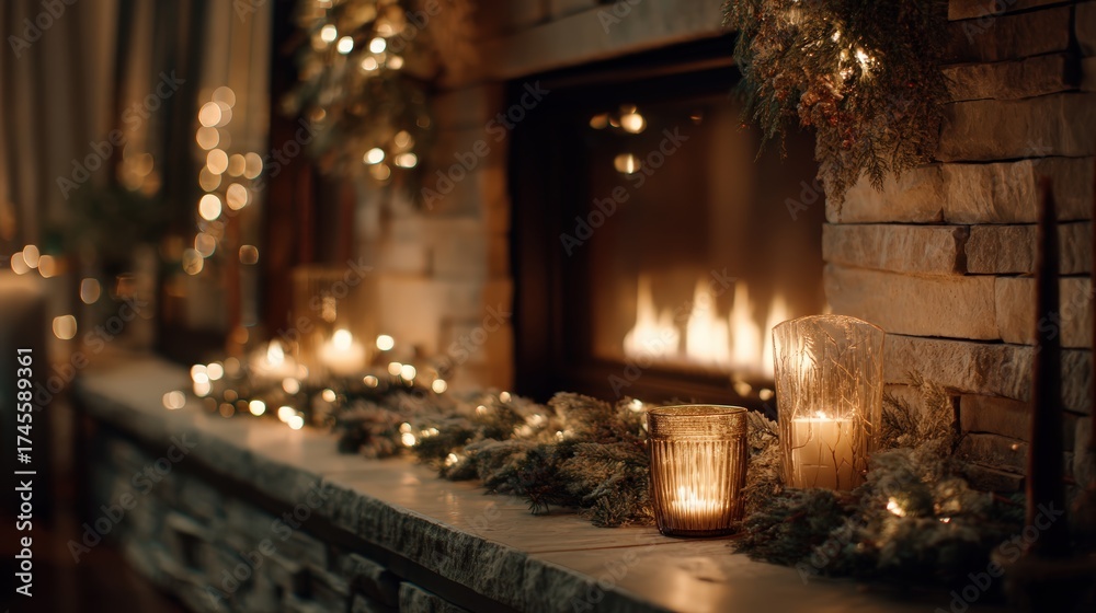 Fototapeta premium A fireplace with a mantle and a mantle with a Christmas tree