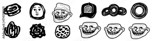 Humorous Trollface Meme Collection of Whimsical Internet Culture Expressions, Perfect for Social Media Commentary and Online Discourse – Graphic Design Elements in Black and White for Digital Pranks,