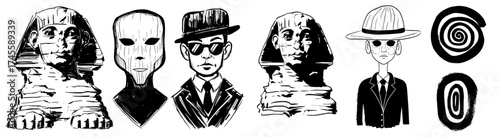 Mysterious Figures Concept Art: Sphinx, Masks, and Shadows in Ink Drawings Displaying the Enigmatic and the Bizarre, Surreal Archetypes in Black and White, Perfect for Book Covers, Game Design, Occult