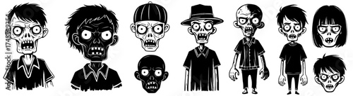 Cartoon Zombie Characters Collection for Halloween Horror Theme - Creepy Undead Monsters in Various Poses & Styles for Spooky Graphic Design & Decoration, Scary Halloween Illustration Elements for Web