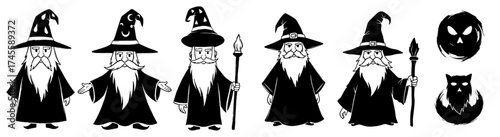 Enchanting Wizard Characters Conjuring Magical Spells in Mystical Realm, Fantasy Illustration for Children's Storybooks, Halloween Designs, and Themed Events, Retro Style Cartoons with Moon, Stars, Ba
