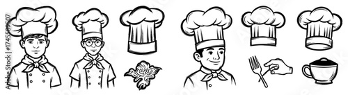 Culinary Chef Icons Set: Hand-Drawn Sketches of Chefs, Hats, Food Preparation Tools, and a Delicious Culinary Design Element for Restaurant Menus and Recipe Books, Adding Flavor to Websites, Social Me