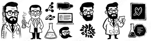 Scientist Character Illustrations in Laboratory Setting - Exploring Research, Experimentation, and Data Analysis for Scientific Discovery in Medical, Chemical, and Educational Contexts - Black and Whi