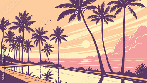 topical beach sunrise with palm trees reflected in a serene infinity pool at a seaside resort