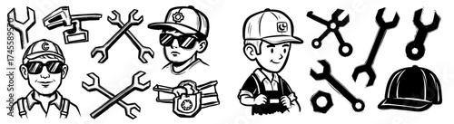 Sketched Mechanic Cartoon Characters and Tools for Automotive Repair Services Illustration, Engineering Design Blueprints, Vintage Style, Construction, Maintenance, Plumbing, Editable Graphics, DIY Pr