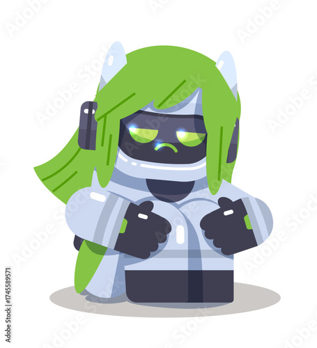 Depressed cute female robot sitting on floor. Frustrated robotic character on isolated background