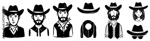 Vintage Cowboy Portraits Collection: Western Characters in Outlaw Fashion Poses with Cowboy Hats and Stylish Bandanas in a Retro Wild West Style for Saloons, Graphic Design Projects and Historical Pre