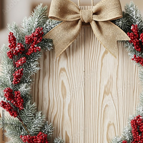 Rustic christmas wreath with burlap bow on weathered wood background