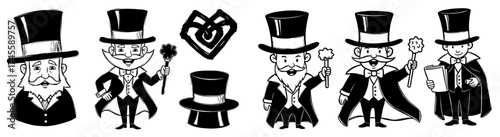 Whimsical Magician Cartoon Characters Performing Magic Tricks in a Classic Stage Setting, Perfect for Children's Illustrations, Storytelling, or Theatrical Productions, Featuring Sleight of Hand, Illu