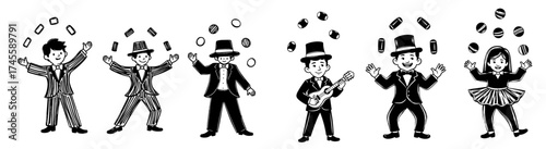 Animated Circus Performers Juggling Props and Playing Ukulele in Theatrical Show, Featuring Entertainers in Vintage Attire, Illustrating Creative Performance, Artistic Skill, Clowning, and Vaudeville