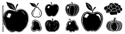 Organic Fruit Harvest Still Life: Vintage Orchard Bounty, Decorative Black and White Vector Illustration for Farmers Market Advertising, Botanical Education, Cookbook Design, Autumn Themes,  Nutrition